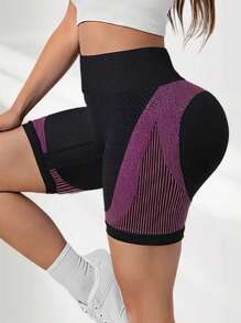 Pantaloncini sportivi aderenti a righe, leggings per yoga, in tessuto elasticizzato con vita alta, coulisse, effetto vita alta e aderenza sui fianchi, morbidi, assorbenti e traspiranti, ideali per attività sportive come running, ciclismo e palestra, per donne