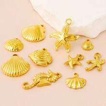 10pcs Luxury Ocean Theme Fashionable Versatile 304 Stainless Steel Gold & Silver Seahorse, Starfish, Shell Pendant DIY Jewelry Accessories