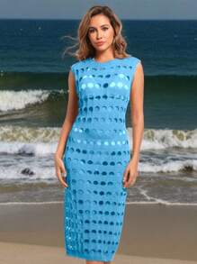 1 件女式性感针织罩衫裙、无袖镂空泳衣、半透明沙滩裙 - 藍色 - 查看 5