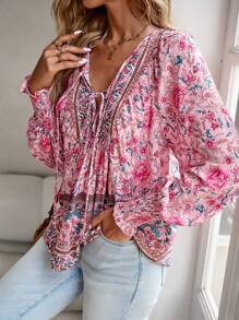 Women's Floral Boho Peasant Blouse With Long Sleeves And Tassel Tie - Pink - View 5