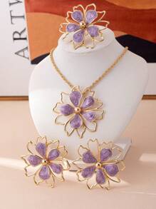 Enamel Drip Floral Design Necklace, Ring And Earrings Set, Elegant And Fashion Accessories Suitable For Gifts, Parties And Daily Wear - Mauve Purple - View 12