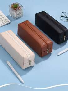 1pc Minimalist Zipper Storage Bag, Portable & Practical Student Stationery Organizer, Suitable For Office Supplies, Cosmetics, Back To School Gift, PU Leather Pencil Case - Multicolor - View 7