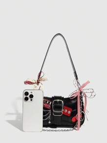 Y2K Fashion Versatile Star Moon Design Unique Pink Chain Decor Shoulder Bag, Women's Baguette Bag, Niche Design, Steampunk, Goth, Ladies Bag, Cool Girl Streetwear, Music Festival, Party, Women's Rock Style Bag Suitable For Girls Streetwear, Celebrity Same Style Printed Female Shoulder Bag