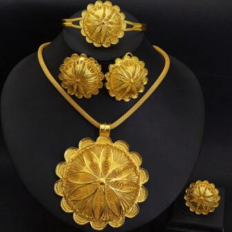 4pcs/Set Golden Color Eritrean Classic Jewelry Set, Large Pendant, Ring, Earrings, Middle East & Africa Women Bridal Wedding Party Birthday Gifts
