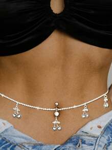 1pc New Cherry Pendant Waist Chain, Sparkly Fashion Crystal Sexy Belly Button Chain Waist Body Chain For Women