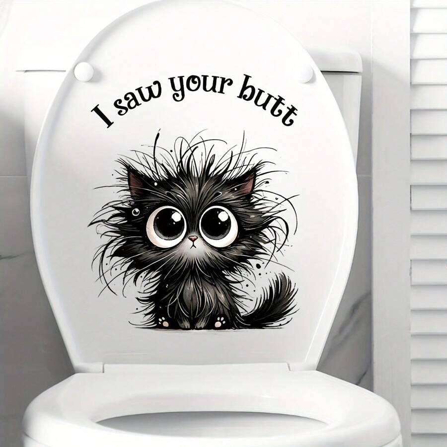 Whimsical Cat Bathroom Sticker - "I See Your Butt" Funny Animal Print, Self-Adhesive PVC Bathroom Decals, Easy To Apply, Semi-Matte Finish, No Power Required, Bathroom Decor | Modern Decor | Self-Adhesive Decals, Toilet Sticker Decals Bath Rug Floor Carpet Fall Decor Bathroom Accessories - Black Cat - View 1