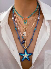 1 pièce Collier bohème d'été avec perles, pendentif carte de tarot, collier avec perles de graines, étoile de mer en raphia pour voyage et plage. Bijoux bohèmes pour femmes