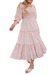 Womens Off-Shoulder Dress With Ruffled Hem, Sweet Tube Top Style Summer Clothing - Pink - View 2