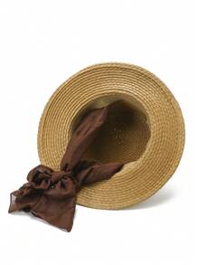 LEAJOURNO. 1pc Unisex Outdoor Beach Sun Hat, Breathable UV Protection Woven Straw Flat Top Hat, Suitable For Spring/Summer - Brown - View 5