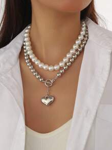 1pc Double Layer Beaded Asymmetrical Colorful Pendant Necklace, Elegant & High-End For Women