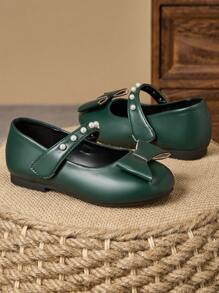 1 Paio di scarpe da principessa in pelle verde militare per bambini, scarpe da cerimonia con punta tonda, fatte a mano con perline e fiocchi, in morbida pelle, stile scuola alla moda per ragazze