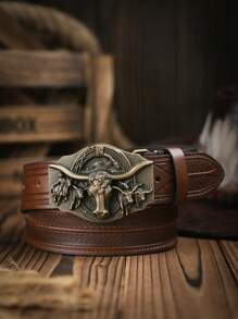1pc Western Cowboy Style Bull Head Buckle Leather Belt, Fashion PU Material Unisex Retro Belts, 4 Colors Available - Ox - View 9