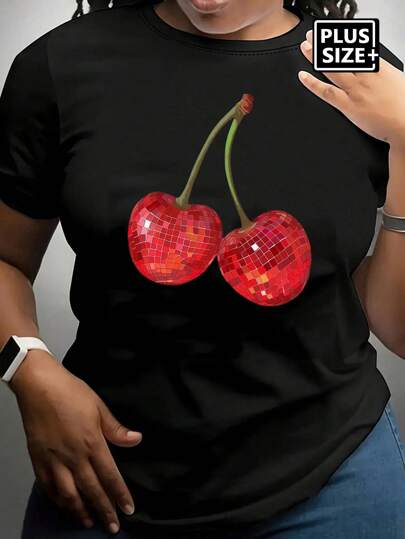 Plus Size Women's Casual Cherry Print Round Neck Short Sleeve T-Shirt, Summer Graphic Tee Black