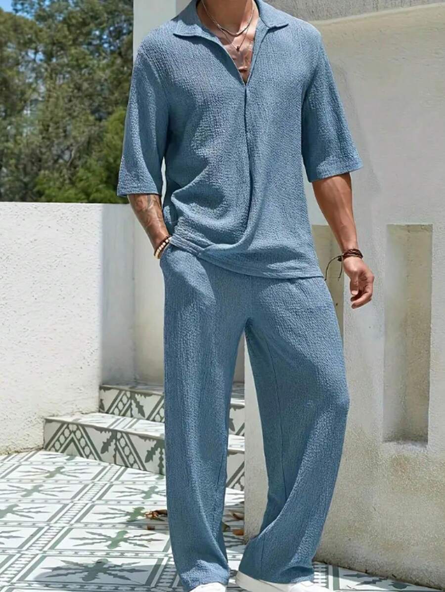 hoteel Men's Two-Piece Casual Suit Commuter Suit Casual Shirt Solid Color Short-Sleeved Trousers