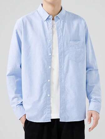 休闲男士纯色长袖衬衫，时尚蓝色修身长袖衬衫，适合年轻男性