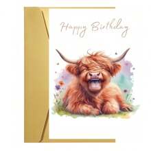 1pc Funny Highland Cow Birthday Greeting Card With Envelope - Whimsical Watercolor Design, Perfect For Family & Friends, Unique Party Decoration, Creative Bday Gift For All Ages - Multicolor - View 2