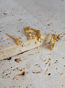 3件套闪亮立方氧化锆耳钉，可爱立方氧化锆耳环，18K镀金不锈钢耳环，蝴蝶花朵耳钉，适合耳骨、耳廓、耳屏穿孔 - 金-1# - 查看 4