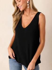 Women's Solid Color V-Neck Camisole, Black Summer Tank Top, Minimalist & Fashionable, Suitable For Commuting, Women's Summer Top - Black - View 6
