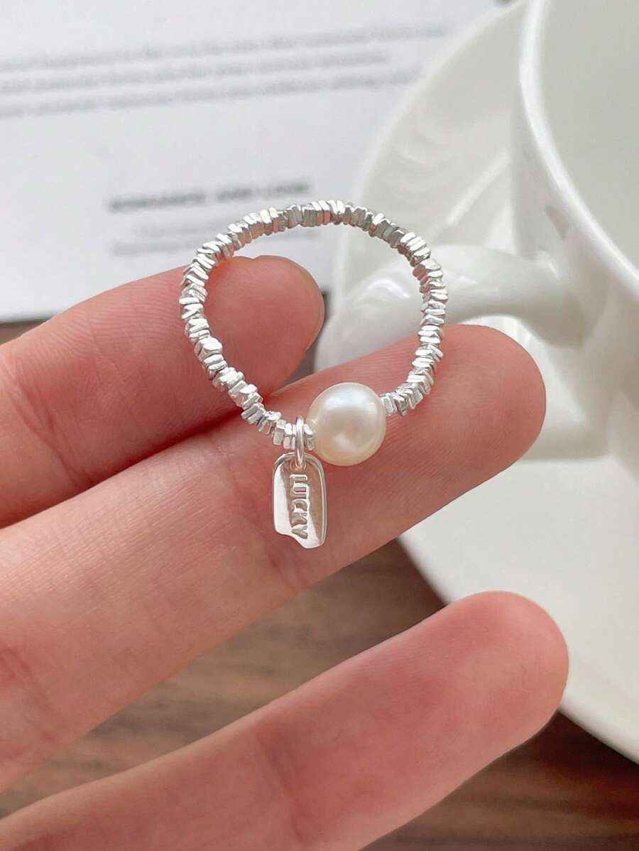 Cincin Mutiara Alami Perak Murni S925 dengan Liontin Keberuntungan dan Tali Elastis untuk Wanita - Perak - View 1