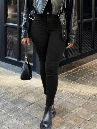 Classic High Waist Elastic Tummy Control Basic Denim Jeans, Outdoor Casual Pants, Suitable For Halloween Costume, Autumn Women