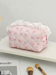 1Pc Pink Bow Knot And Floral Pattern Quilted Multifunctional Cosmetic Organizer Handbag Bath Shower Wallet Pouch Portable Cosmetics Brush Storage Clutch With Zipper Closure For Lipstick, Brush, Skincare, Mobile Phone, Coin, Small Items, For Home, Travel, Vacation And School Use,Makeup Bag Makeup Travel Essentials Travel Accessories Travel Must Haves