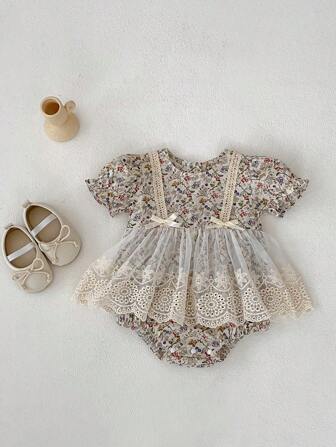 Infant/Baby Girl Round Neck Ditsy Floral Lace Mesh Bodysuit Dress, Summer