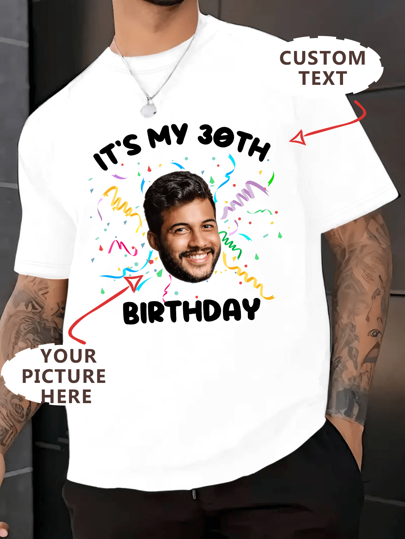 Customized Personalized Loose Round-Neck Casual Men's T-Shirt - Add Your Own Images And Your Text (Family Photo/Selfie/Pet Photo/Friend Photo/Lover Photo/Girlfriend Photo/Gifts/Logo For Couples/Customizable Tee Birthday Present And Party) To Design Your Personalized Printed T-Shirt, Stylish, Fashion, Hipster, Casual, Minimal Chic, Personalized, Men Basic/Street Style,Sports & Outdoor,Season Picks,Urban Gala