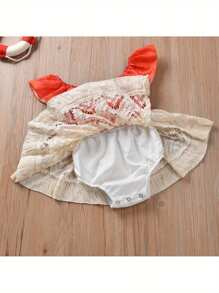 Toddler Baby Girls Summer Rompers Short Sleeve Floral Print Bodysuit Lace Ruffle Tulle Skirt Hem - 米色 - 查看 7