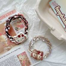 Sanrio 1 szt. Kawaii Plaid Cat Design Hair Scrunchie, uniwersalna słodka dziewczęca opaska do włosów Ponytail Holder