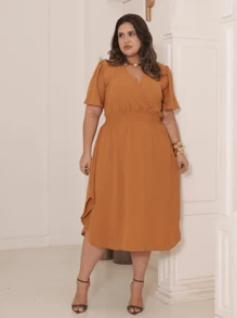 Women's Plus Size Midi Dress Wrapped Short Sleeve Duna Elegant Casual - 駝色 - 查看 5