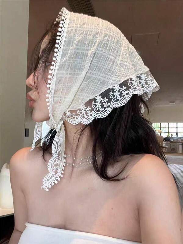 1pc Girl's Vintage Floral Lace Scarf, French Style Beige Decorative Headscarf, Rural Retro Silk Scarf, Spring/Summer Bandanas Head Bandana Hair Scarf