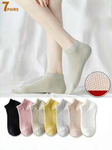 5pcs/7pcs/10pcs Pack Women Solid Color Versatile Daily Lace Openwork Casual Ankle Socks