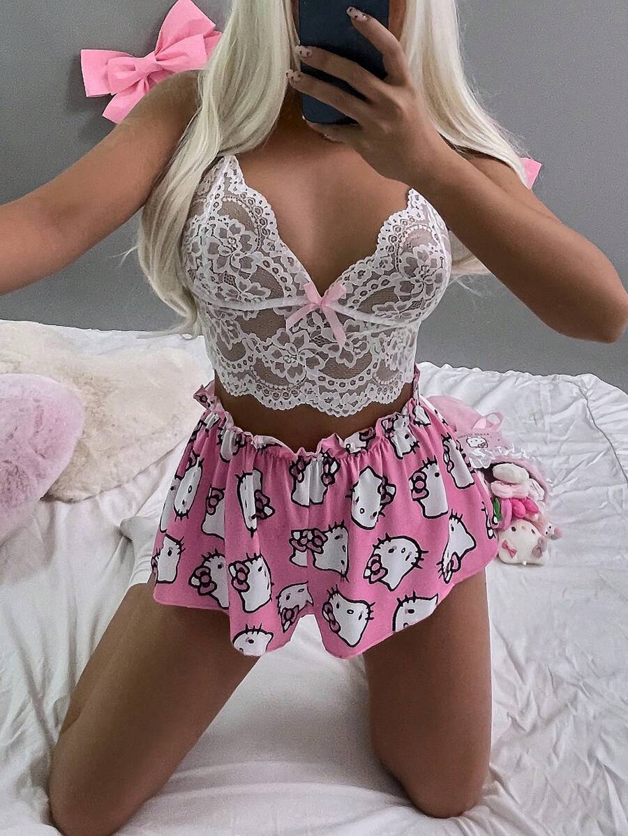 Sanrio 2 件套女式  性感蕾丝深 V 吊带上衣和松紧腰短裤，Rave