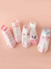 5 双女孩薄款网眼短袜，带有卡通动物和条纹图案，透气，适合春夏季，3-12 岁，可爱舒适的日常穿着 - 粉色 - 查看 9
