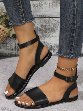 2025 Spring/Summer Women's Comfortable Open-Toe Single-Strap Flat Sandals With Adjustable Ankle Closure & Cut-Out Design, Minimalist & Versatile, EU Sizes 36-43