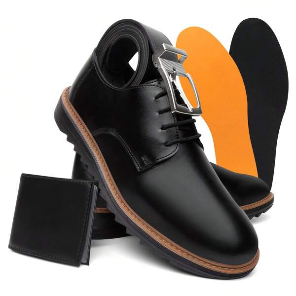 Kit Sapato Social Masculino Esporte Chique Derby Preto Sola Alta Tratorada Cadarço Calce Perfeito Numeração Especial 37 Ao 46 + Cinto E Cartira Masculino + Palmilha Brinde