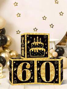 3 pièces Boîtes en papier noires et dorées, décoration de fête d'anniversaire 18e/30e/40e/50e/60e/70e/75e/80e, fournitures pour fête de 40/50/60 ans, décorations de fête d'anniversaire, boîtes décoratives pour fond de fête à la maison, décoration de fond de fête, accessoires photo, boîtes d'emballage cadeau