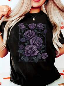 Vintage Rose Flower Gothic Purple Floral Pattern Print Fashion Casual Short Sleeve Summer Fit Round Neck Women's Cheap Affordable T-Shirt - 黑色 - 查看 1