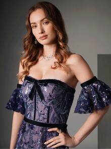 Women's Glamorous Off Shoulder Sequin Butterfly Decor Formal Dress - Dusty Blue - View 6