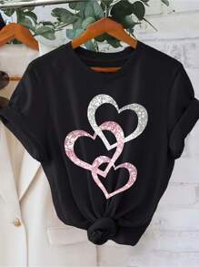 Estampado de patrón en forma de corazón rosa plateado Este producto está diseñado como un patrón impreso, los strass/lentejuelas solo se usan para efecto visual Camiseta de manga corta cuello redondo tops casuales verano primavera Ropa de mujer - Negro - Ver 1
