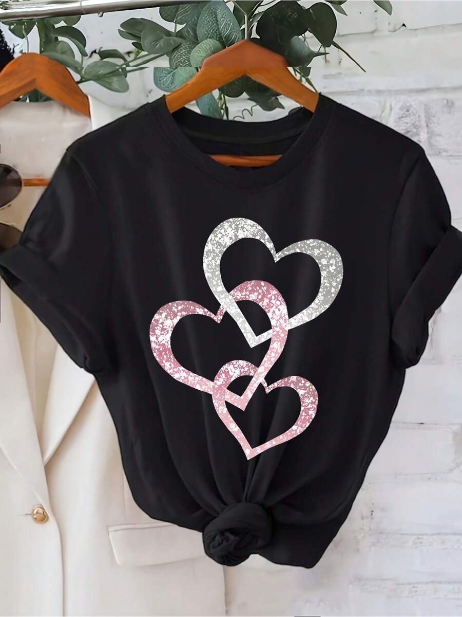 Estampado de patrón en forma de corazón rosa plateado Este producto está diseñado como un patrón impreso, los strass/lentejuelas solo se usan para efecto visual Camiseta de manga corta cuello redondo tops casuales verano primavera Ropa de mujer - Negro - Ver 1