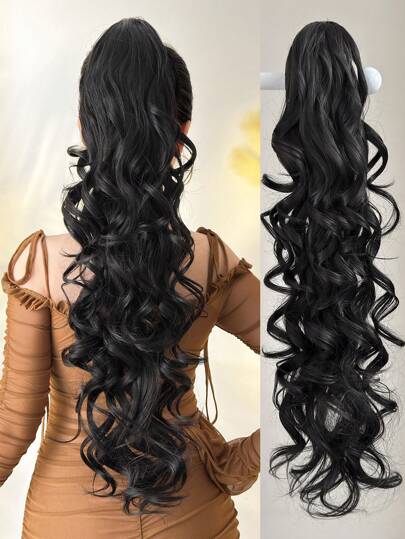 Claw Ponytail Extensions Hair Black Color 28 Inch Long Water Wave Hair Heat Resistant Fiber Synthetic Hairpiece For Women Girls Party Daily Use