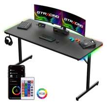 55" Large RGB Sturdy Gaming Desk With Mouse Pad T-Shaped Office Chair Computer Desk Spacious Work Surface Table, Black - Black - View 1