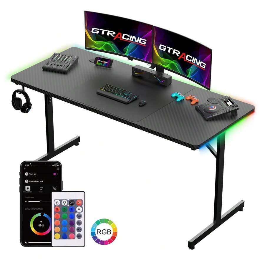 55" Large RGB Sturdy Gaming Desk With Mouse Pad T-Shaped Office Chair Computer Desk Spacious Work Surface Table, Black - Black - View 1