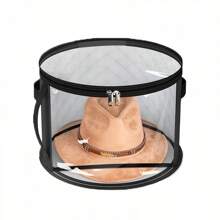 1 Transparent Portable Foldable Hat Storage Box With Zipper, Large Front Window Design, Fabric Material, Hand Washable - Can Hold 7 Extra Large Hats