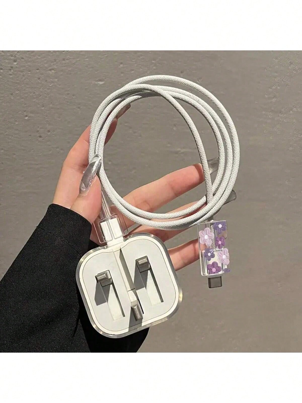 طقم 3 أكمام واقية لكابل شاحن آيفون بتصميم زهور بنف...