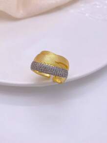 1 pieza Anillo abierto de lujo de doble color, anillo grande personalizado de elegante moda con microincrustaciones, enchapado en oro y plata, regalo perfecto para las vacaciones