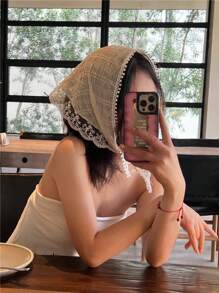 1 pièce Foulard en dentelle florale vintage pour fille, foulard décoratif beige de style français, foulard en soie rétro rural, bandana pour cheveux de printemps/été