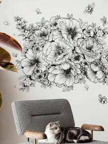 1pc Home Decorations Black Flower Wall Sticker, Modern Floral Pattern Wall Decal For Home,Stickers,Wall Decal,Vinyl Decal For Home Decorations, Wall Decoration Items Refresh Your Home