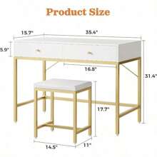 SUPERJARE computadora blanco y dorado de 35.4 pulgadas con 2 cajones, moderno computadora de maquillaje con taburete acolchado, computadora pequeño para computadora de oficina en casa para escribir - 1 - Ver 3